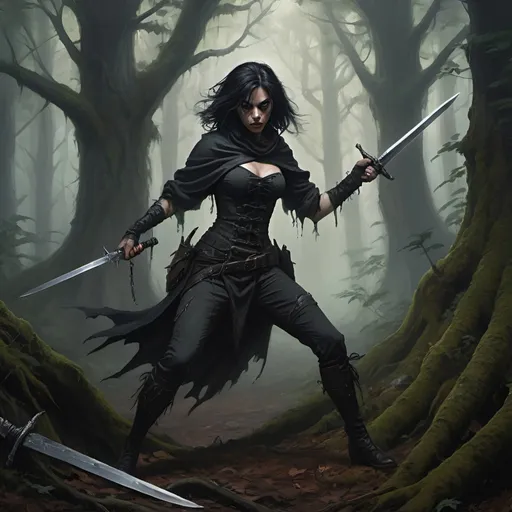 Prompt: [A raven haired, pale complected heroic gothic female person is lunging with a long sword in her right hand and a dagger reversed in her left] she is lunging at a goblin in ragged dirty clothing who is threatening her with a rusty dagger.
They are in a dark and shadowy original growth forest, with twisted gnarly hemlock trees and twisted gnarly lichen covered roots everywhere, beneath an overgrown misty forest canopy,