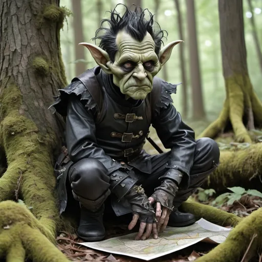 Prompt:  Fantasy, A goblin who resembles Richard Nixon on his knees begging for his life, with a wounded eye and holding up a map made of irregular leather hide with brown ink on it, dressed in ragged, tattered fantasy clothing and kneeling in original growth forest surrounded by huge twisted and gnarly trees with twisted gnarly lichen covered roots; with a black haired heroic gothic female person dressed in black standing over him and holding a sword to his throat