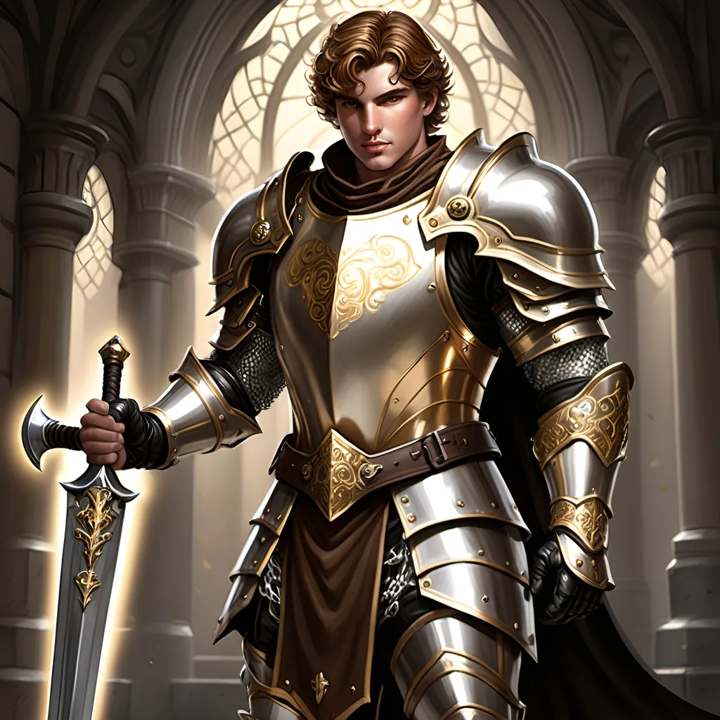 Prompt: [Armando the Golden]
Male paladin, (ultra-detailed) (ultra-realism), brown wavy short cropped hair, rosy cheeks, brown eyes, (bright silver steel breastplate) with (gold inlay and filigree), (shiny steel chainmail shirt), black boots with (sparkling shiny spurs), carrying a huge (double-ended war hammer), dramatic lighting, epic stance, medieval fantasy background, grand atmosphere, (HD quality) pompous, arrogant demeanor and stance, tall, 'broad like a barn', wide shoulders, built like a tank, iconoclastic narcissist,
Resembles Mike Pompeo.