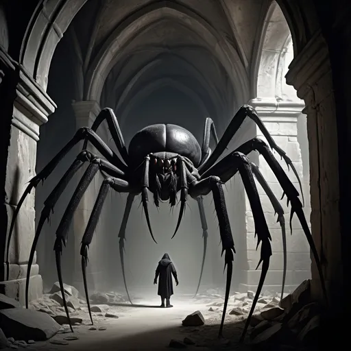 Prompt: A giant black shadowy menacing TWO-HEADED, monstrous insect with a hundred or more long skinny legs ending in pincers, and four sets of slavering, drooling mandibles;
Gothic, fantasy, dark, dark shadows, blackness, huge spider webs, ominous, menacing, abandoned, dirty narrow ancient stone corridors vaults and chambers covered in dust and cobwebs leading to a stone subcellar/dungeon filled with casks and kegs and debris, and one woman's shoe,
Ultra detail, ultra realism, high definition, shadowy, pitch black, dingy dark passageways and glowing pairs of eyes in the shadows, rats with red glowing eyes,