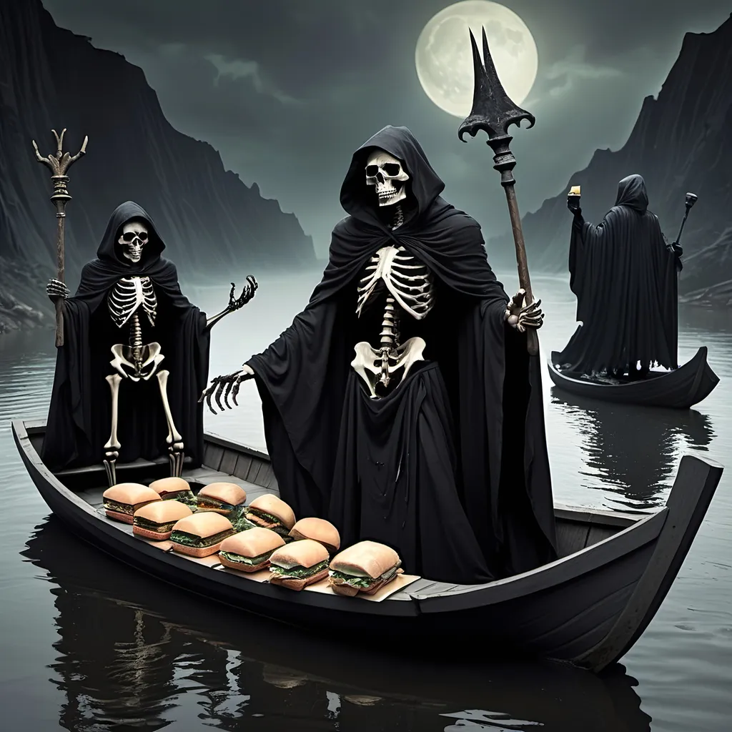 Prompt: (Dark, gothic, infernal, River Styx, Hades;) (Charon, skeletal boat master in a black robe with hood, of the river Styx); escorts a (goblin dressed in ragged dirty clothing who resembles Richard Nixon), to meet with his master on the lower planes, Charon is eating an awesome sandwich that his wife made for him for lunch, and offers a sandwich to the goblin in ratty ragged clothing who resembles Richard Nixon.
Scary, high resolution, ultra detailed, menacing, foreboding, ominous,