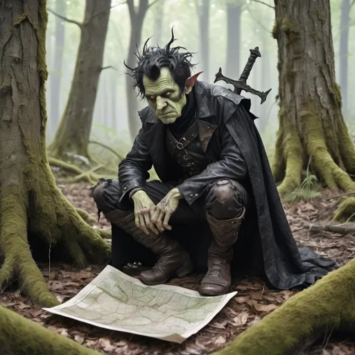 Prompt:  Fantasy, A cowardly goblin who resembles Richard Nixon on his knees begging for his life, with a wounded and bandaged eye and holding up a map made of irregular leather hide with brown ink on it, dressed in ragged, tattered fantasy clothing and kneeling in original growth forest surrounded by huge twisted and gnarly trees with twisted gnarly lichen covered roots; with a black haired heroic gothic female person dressed in black standing over him and holding a sword to his throat