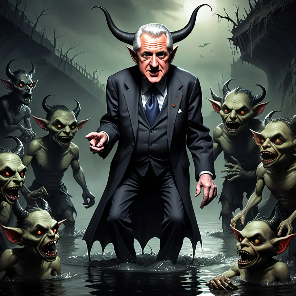 Prompt: River Styx, dark, infernal, gothic, ominous; minor Devil with horns and hooves who resembles Bill Clinton; has a chat with a goblins in ragged, ratty clothing who resembles Richard Nixon.