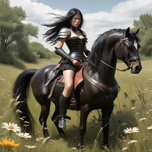 Prompt: In a meadow of tall grasses and wildflowers standing over a dead Bay Mare horse with a saddle on her back,
'Kitanjia the Ranger' [woman, tall, fair complected, dresses in black leather armor and corset, long black hair, longsword] in a fight to the death with an 'insect beast' [large, mutant, insect larva, dark brown gray in color, four back legs to stand on and two long front legs with sharp talons to fight with, red eyes on opposite sides of cicada-like head, and long proboscis, bigger than a Volkswagen beetle!]
Fantasy, gothic, ultra realism, ultra detail, in a meadow of tall grasses standing over a dead Bay Mare with an archaic saddle on her back