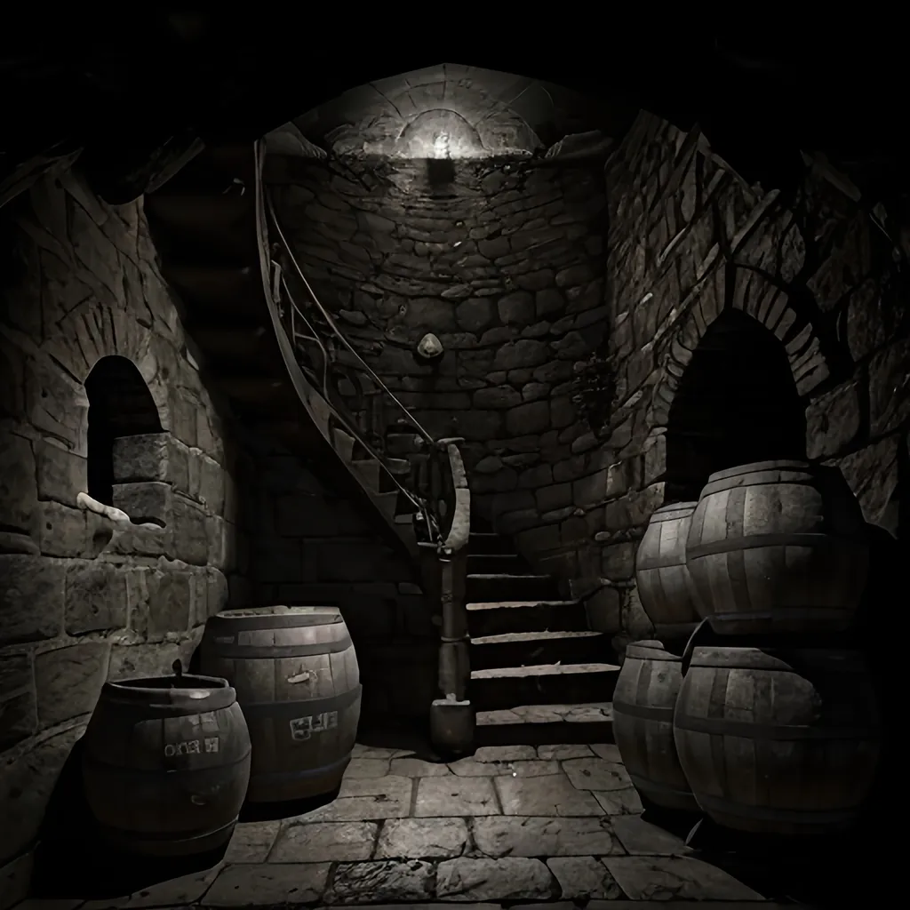 Prompt: Gothic, fantasy, dark, ominous, menacing, lit by Torchlight, narrow ancient stone stairwell covered in dust and cobwebs leading to a stone cellar filled with casks and kegs and debris, and one woman's shoe,
Ultra detail, ultra realism, high definition