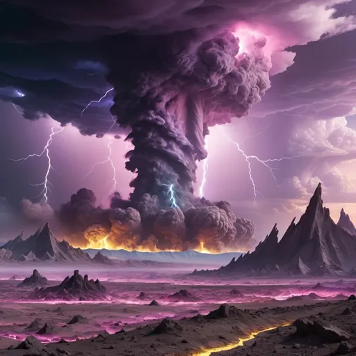 Prompt: Lightning, tornadoes,
Crater, crashed space frigate, burning debris, black smoke rising,
Yellow quartz desert, pink sky, swirling gray, green and blue clouds.
Distant mountains made entirely of amethyst crystal