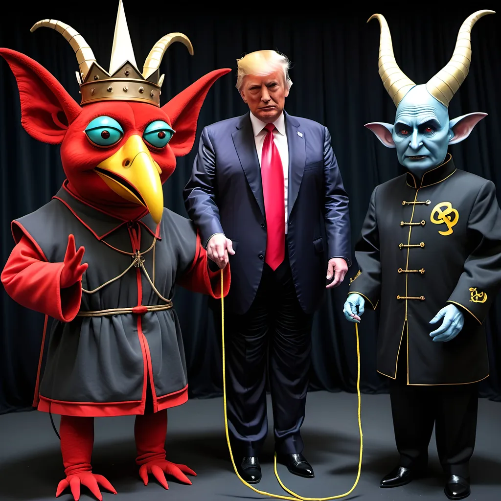 Prompt: Dark,  gothic, demonic, satanic, luciferian; a 'horned Donald Trump puppet on strings' being controlled by a 'horned satan puppet on strings' being controlled by a 'horned pope puppet on strings', being controlled by a 'horned Vladimir Putin puppet on strings', being controlled by Xi of China, who holds ALL THE STRINGS.
Flying Monkeys from Wizard of Oz