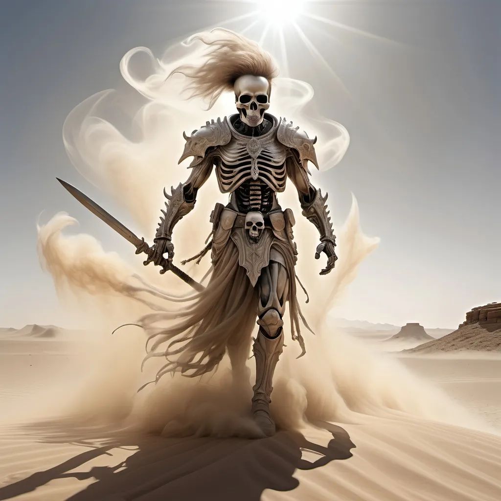 Prompt: A ghostly TRANSPARENT WISPY apparition of a male warrior rising and coming together above
a skull half buried in dust and sand on a desert battlefield under a hot blazing sun, gothic, fantasy,  ultra realism, ultra detailed,