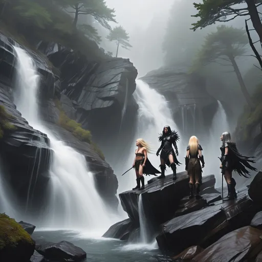 Prompt: Top of a misty torrential waterfall looking down  a rugged, rocky cliff into a turbulent pool of rocks, mist and spray. Dark, gnarly original growth hemlock trees.
A blonde human female in chainmail and a horned helmet, a raven haired human female clad in black, a male halfling, a female halfling, a brown haired female half elf, and a goblin, are all climbing the rocks.