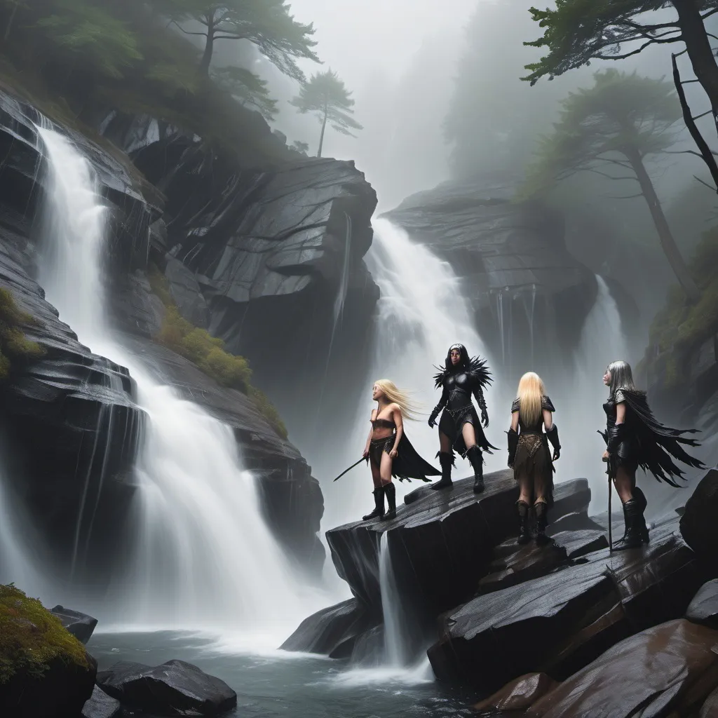 Prompt: Top of a misty torrential waterfall looking down  a rugged, rocky cliff into a turbulent pool of rocks, mist and spray. Dark, gnarly original growth hemlock trees.
A blonde human female in chainmail and a horned helmet, a raven haired human female clad in black, a male halfling, a female halfling, a brown haired female half elf, and a goblin, are all climbing the rocks.