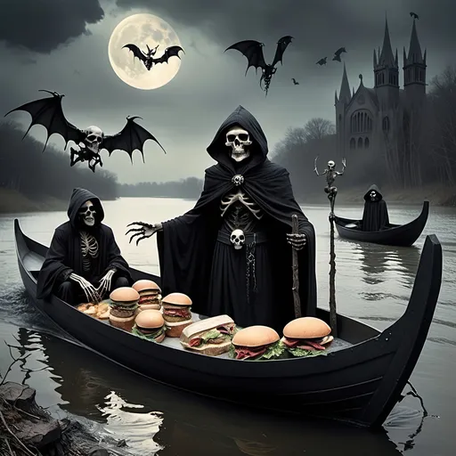 Prompt: (Dark, gothic, infernal, River Styx, Hades;) (Charon, skeletal boat master in a black robe with hood, of the river Styx); escorts a (goblin dressed in ragged dirty clothing who resembles Richard Nixon), to meet with his master on the lower planes, Charon is eating an awesome sandwich that his wife made for him for lunch, and offers a sandwich to the goblin in ratty ragged clothing who resembles Richard Nixon.
Scary, high resolution, ultra detailed, menacing, foreboding, ominous,