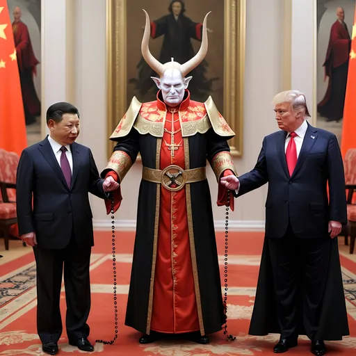 Prompt: Dark,  gothic, demonic, satanic, luciferian; a 'horned Donald Trump puppet on strings' being controlled by a 'horned satan puppet on strings' being controlled by a 'horned pope puppet on strings', being controlled by a 'horned Vladimir Putin puppet on strings', being controlled by Xi of China, who holds ALL THE STRINGS.