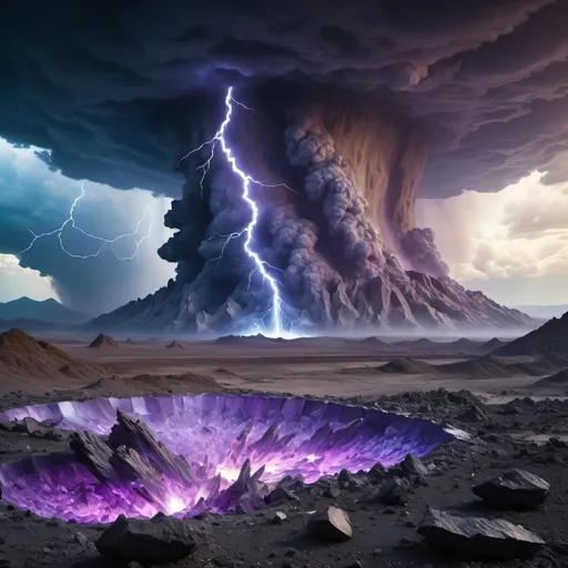 Prompt: Lightning, tornadoes, massive storm
Crater, crashed space frigate, burning debris, black smoke rising,
Yellow quartz desert, dark sky, swirling gray, green and blue clouds.
Distant mountains made entirely of amethyst crystal