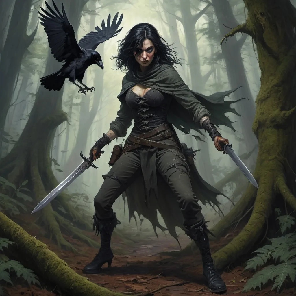 Prompt: [A raven haired, pale complected heroic gothic female person is lunging with a long sword in her right hand and a dagger reversed in her left] she is lunging at a goblin in ragged dirty clothing who is threatening her with a rusty dagger.
They are in a dark and shadowy original growth forest, with twisted gnarly hemlock trees and twisted gnarly lichen covered roots everywhere, beneath an overgrown misty forest canopy,