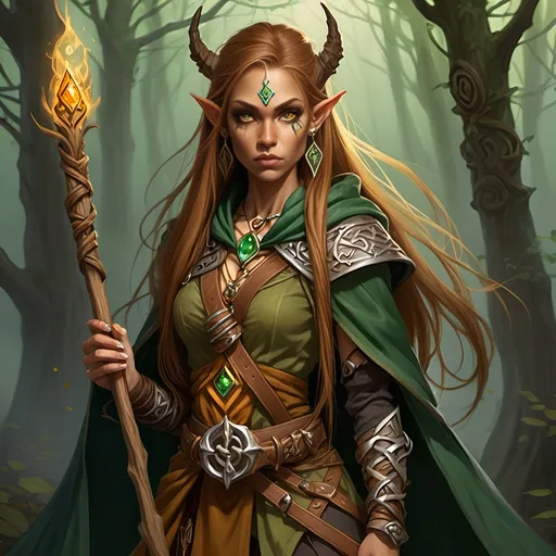 Prompt: Woman, female half elf, sorceress, ruddy medium complexion, light brown long straight hair, bound with multiple clasps in a really long pony tail; jewelry, earrings, tattoos of sacred runes, golden brown eyes, holding gnarled staff of bleached wood with a gem set into the top, leaf green cloak and hood, brown belt and pouches, brown boots, dagger and wand secured to belt, tan leather corset, highest resolution, gothic, fantasy, ultra detail, ultra realism, giving a lecture in a dark medieval Taverne.