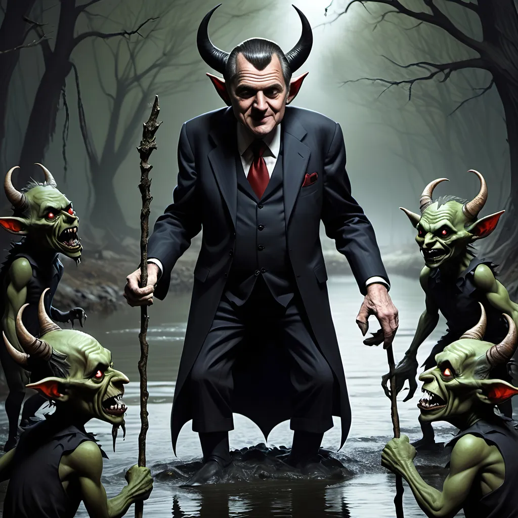 Prompt: River Styx, dark, infernal, gothic, ominous; minor Devil with horns and hooves who resembles Bill Clinton; has a chat with a goblins in ragged, ratty clothing who resembles Richard Nixon.