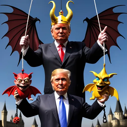 Prompt: Dark,  gothic, demonic, satanic, luciferian; a 'horned Donald Trump puppet on strings' being controlled by a 'horned satan puppet on strings' being controlled by a 'horned pope puppet on strings', being controlled by a 'horned Vladimir Putin puppet on strings', being controlled by Xi of China, who holds ALL THE STRINGS.
Flying Monkeys from Wizard of Oz