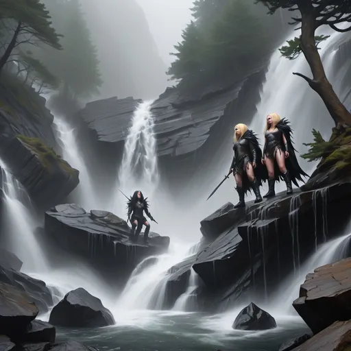 Prompt: Top of a misty torrential waterfall looking down  a rugged, rocky cliff into a turbulent pool of rocks, mist and spray. Dark, gnarly original growth hemlock trees.
A blonde human female in chainmail and a horned helmet, a raven haired human female clad in black, a male halfling, a female halfling, a brown haired female half elf, and a goblin, are all climbing the rocks.