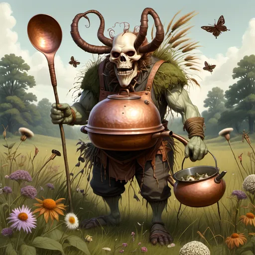 Prompt: Giant mosquitos and buzzing flies,
An evil looking light skinned ogre ornamented in skulls and scalps, carrying bowls and spoons made of bone,
In a meadow with tall grasses and briars, wildflowers, buzzing insects and ticks,
A scary warty skinned ruddy caucasian complected  ogre Chef wearing a copper kettle on his head, dressed in ragged and worn Renaissance garb with slit sleeves and pantaloons with plentiful patches and repairs, quartered dark yellow & green , carrying a belt encumbered with skulls, scalps, several wooden spoons and copper ladles and bowls made of bone, and goblets made of skulls, one nostril in his nose, 
Strawberry blonde hair, and fierce unfriendly expression on his face, out looking to find meat and spices to curry the favor of his Jarl.