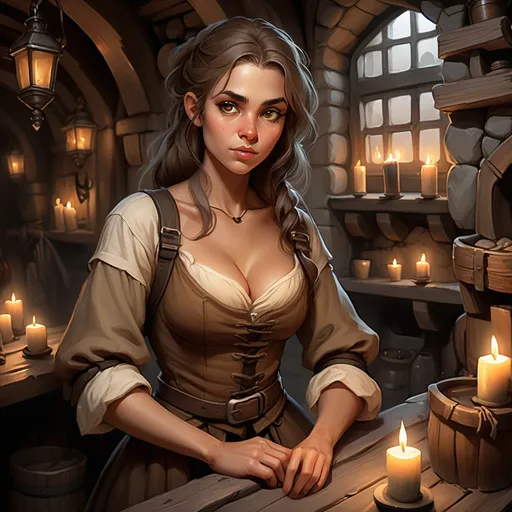 Prompt: [Jena the waif, or rogue]
Picking the pocket of an overdressed drunken merchant in a dark tavern with stone walls and timber framing and lit by candles in wall sconces,
Female HUMAN, thief, pickpocket, rogue, wee petite, delicate features, ruddy tan complexion, high brow, prominent widows peak, sandy brown shoulder length hair, hazel eyes, prominent but effeminate chin, drab ragged layers of clothing, very inconspicuous, disarming presence, hidden daggers in clothing, minimal jewelry, arm bangles, ornamental stone necklace charm, young, tomboyish, rugged, cute, ornery, fey demeanor, lucky and confident, dark, gothic, fantasy, ultra detail, ultra realism