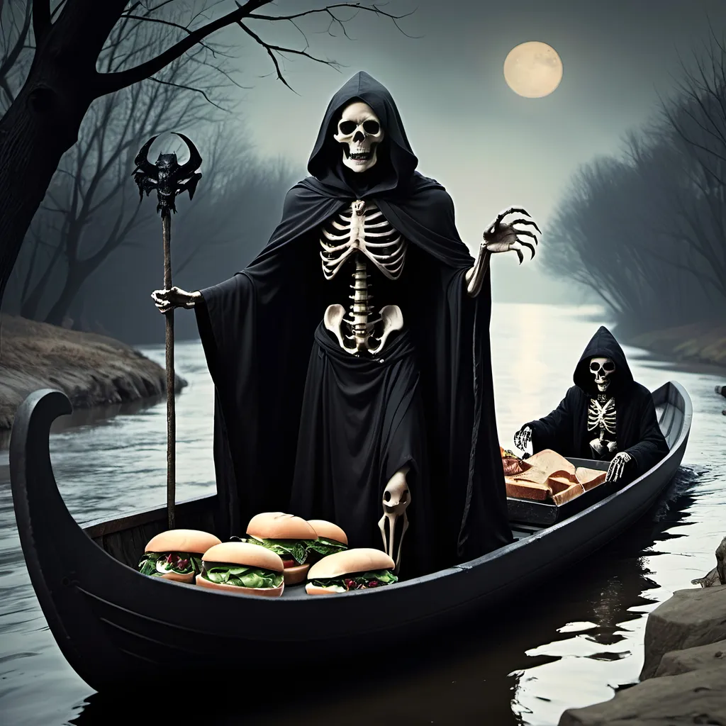 Prompt: (Dark, gothic, infernal, River Styx, Hades;) (Charon, skeletal boat master in a black robe with hood, of the river Styx); escorts a (goblin dressed in ragged dirty clothing who resembles Richard Nixon), to meet with his master on the lower planes, Charon is eating an awesome sandwich that his wife made for him for lunch, and offers a sandwich to the goblin in ratty ragged clothing who resembles Richard Nixon.
Scary, high resolution, ultra detailed, menacing, foreboding, ominous,