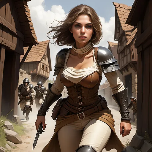 Prompt: [Jena the waif, or rogue]
Running from evil armored town guardsmen who she just robbed, outside the wooden stockade city walls,
Female HUMAN, thief, pickpocket, rogue, wee petite, delicate features, ruddy tan complexion, high brow, prominent widows peak, sandy brown shoulder length hair, hazel eyes, prominent but effeminate chin, drab ragged layers of clothing, very inconspicuous, disarming presence, hidden daggers in clothing, minimal jewelry, arm bangles, ornamental stone necklace charm, young, tomboyish, rugged, cute, ornery, fey demeanor, lucky and confident, dark, gothic, fantasy, ultra detail, ultra realism