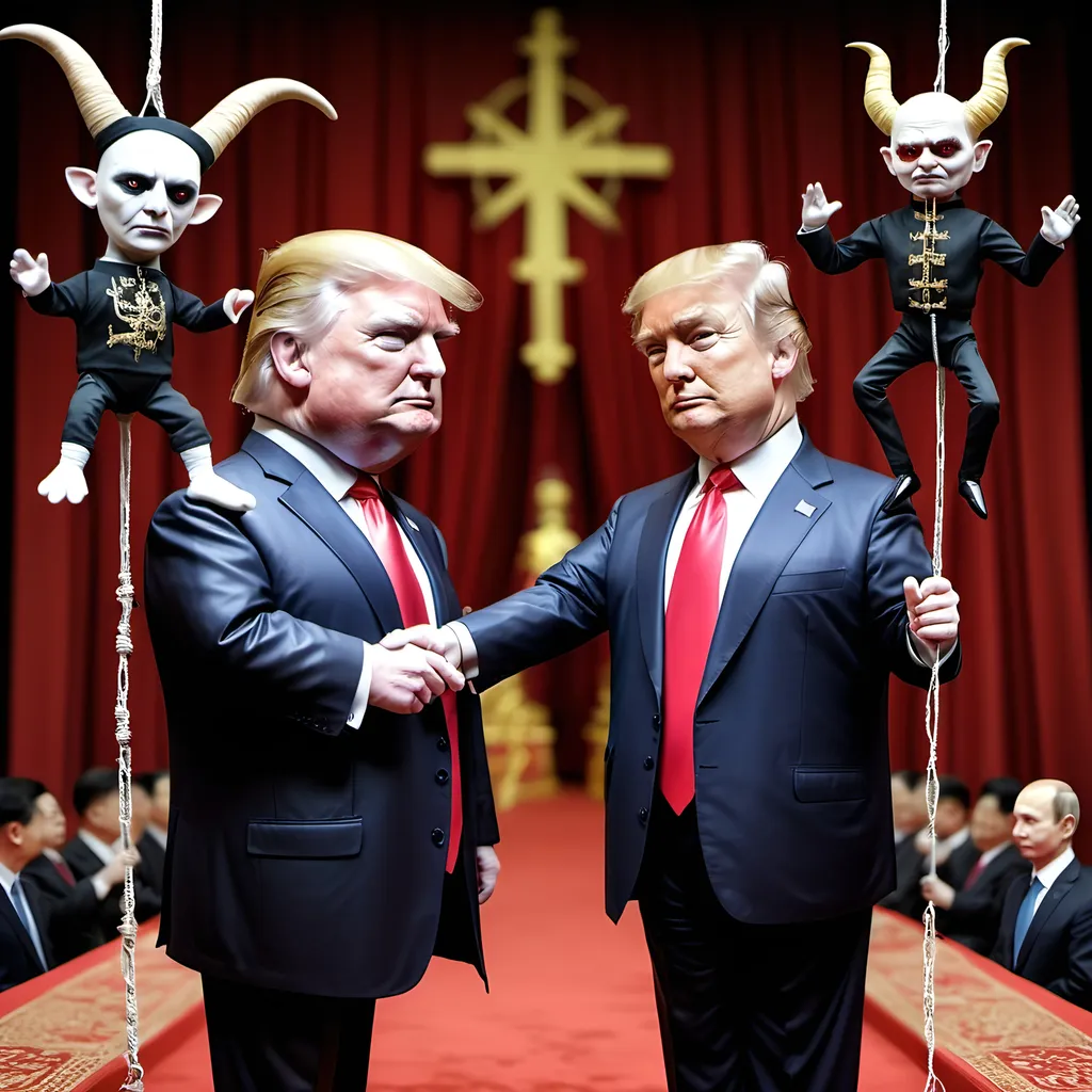 Prompt: Dark,  gothic, demonic; a 'horned Donald Trump puppet on strings' being controlled by a 'horned satan puppet on strings' being controlled by a 'horned pope puppet on strings', being controlled by a 'horned Vladimir Putin puppet on strings', being controlled by Xi of China, who holds ALL THE STRINGS.