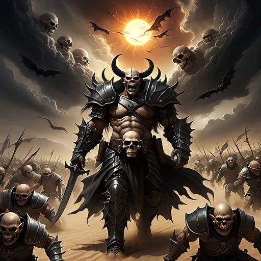 Prompt: The sky darkens with ominous black storm clouds that blot out the sun,
A battle rages with thousands of men and orcs in armor fighting to the death surrounded by countless fallen bodies of the slain,
A ghostly TRANSPARENT WISPY apparition of a male warrior rising and coming together above
a skull half buried in dust and sand on a desert battlefield under a hot blazing sun, gothic, fantasy,  ultra realism, ultra detailed,