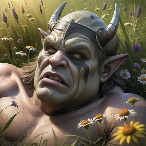 Prompt: Arrows sticking out of his eye socket,
A dead acephelous ogre missing his head, arrows sticking out of him, laying on his back in a meadow of tall grasses and wildflowers, gothic, fantasy, ultra realism, ultra detail, bright sunshine,