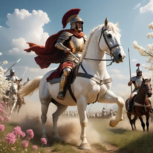 Prompt: General Moses Cleaveland (as an ancient Greek General), wearing (bronze armor) with a (brush top helmet), majestically riding a (white horse), leading a (column of infantry) carrying (swords, spears, shields). Surrounding a (flowering meadow), with (clouds of dust) kicked up from the march, bathed in (afternoon sunshine), creating a vibrant and dramatic scene. The image should be (4K), capturing high detail and cinematic quality.