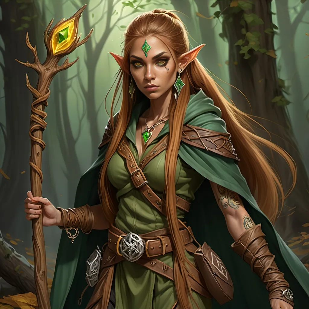 Prompt: Woman, female half elf, sorceress, ruddy medium complexion, light brown long straight hair, bound with multiple clasps in a really long pony tail; jewelry, earrings, tattoos of sacred runes, golden brown eyes, holding gnarled staff of bleached wood with a gem set into the top, leaf green cloak and hood, brown belt and pouches, brown boots, dagger and wand secured to belt, tan leather corset, highest resolution, gothic, fantasy, ultra detail, ultra realism, giving a lecture in a dark medieval Taverne.