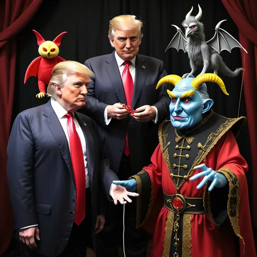 Prompt: Dark,  gothic, demonic, satanic, luciferian; a 'horned Donald Trump puppet on strings' being controlled by a 'horned satan puppet on strings' being controlled by a 'horned pope puppet on strings', being controlled by a 'horned Vladimir Putin puppet on strings', being controlled by Xi of China, who holds ALL THE STRINGS.
Flying Monkeys from Wizard of Oz