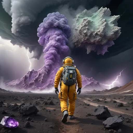 Prompt: Astronaut in survival suit carrying backpack and bags, walking away from Crater,
Lightning, tornadoes, massive storm
Crater, crashed space frigate, burning debris, black smoke rising,
Yellow quartz desert, dark sky, swirling gray, green and blue clouds.
Distant mountains made entirely of amethyst crystal