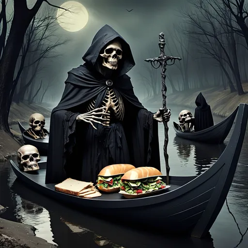 Prompt: (Dark, gothic, infernal, River Styx, Hades;) (Charon, skeletal boat master in a black robe with hood, of the river Styx); escorts a (goblin dressed in ragged dirty clothing who resembles Richard Nixon), to meet with his master on the lower planes, Charon is eating an awesome sandwich that his wife made for him for lunch, and offers a sandwich to the goblin in ratty ragged clothing who resembles Richard Nixon.
Scary, high resolution, ultra detailed, menacing, foreboding, ominous,