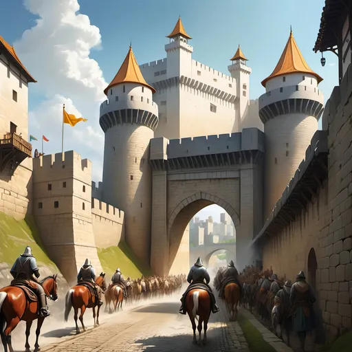 Prompt: A great walled city built of white stone next to a river, a towering fortress gate with an open door, daylight, bright sun shining, colorful banners suspended in the breeze flying from the top of the city walls, a dirt road leading up to the open gate in the city walls, with many men on horseback before it.