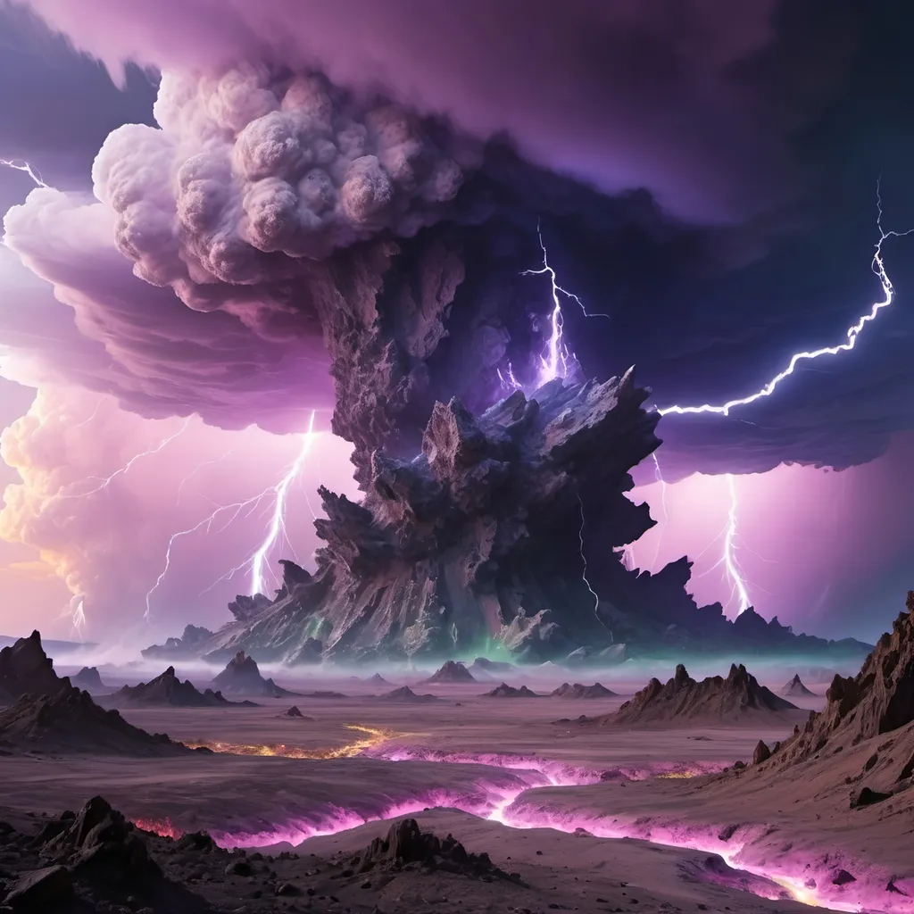 Prompt: Lightning,
Crater, crashed space frigate, burning debris, black smoke rising,
Yellow quartz desert, pink sky, swirling gray, green and blue clouds.
Distant mountains made entirely of amethyst crystal