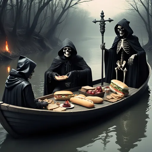 Prompt: (Dark, gothic, infernal, River Styx, Hades;) (Charon, skeletal boat master in a black robe with hood, of the river Styx); escorts a (goblin dressed in ragged dirty clothing who resembles Richard Nixon), to meet with his master on the lower planes, Charon is eating an awesome sandwich that his wife made for him for lunch, and offers a sandwich to the goblin in ratty ragged clothing who resembles Richard Nixon.
Scary, high resolution, ultra detailed, menacing, foreboding, ominous,