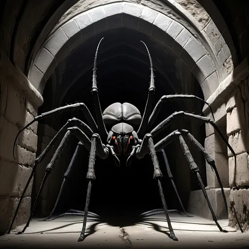 Prompt: A giant black shadowy menacing two-headed monstrous insect with a hundred or more long skinny legs ending in pincers,
Gothic, fantasy, dark, dark shadows, blackness, huge spider webs, ominous, menacing, abandoned, dirty narrow ancient stone corridors vaults and chambers covered in dust and cobwebs leading to a stone subcellar/dungeon filled with casks and kegs and debris, and one woman's shoe,
Ultra detail, ultra realism, high definition, shadowy, pitch black, dingy dark passageways and glowing pairs of eyes in the shadows, rats with red glowing eyes,