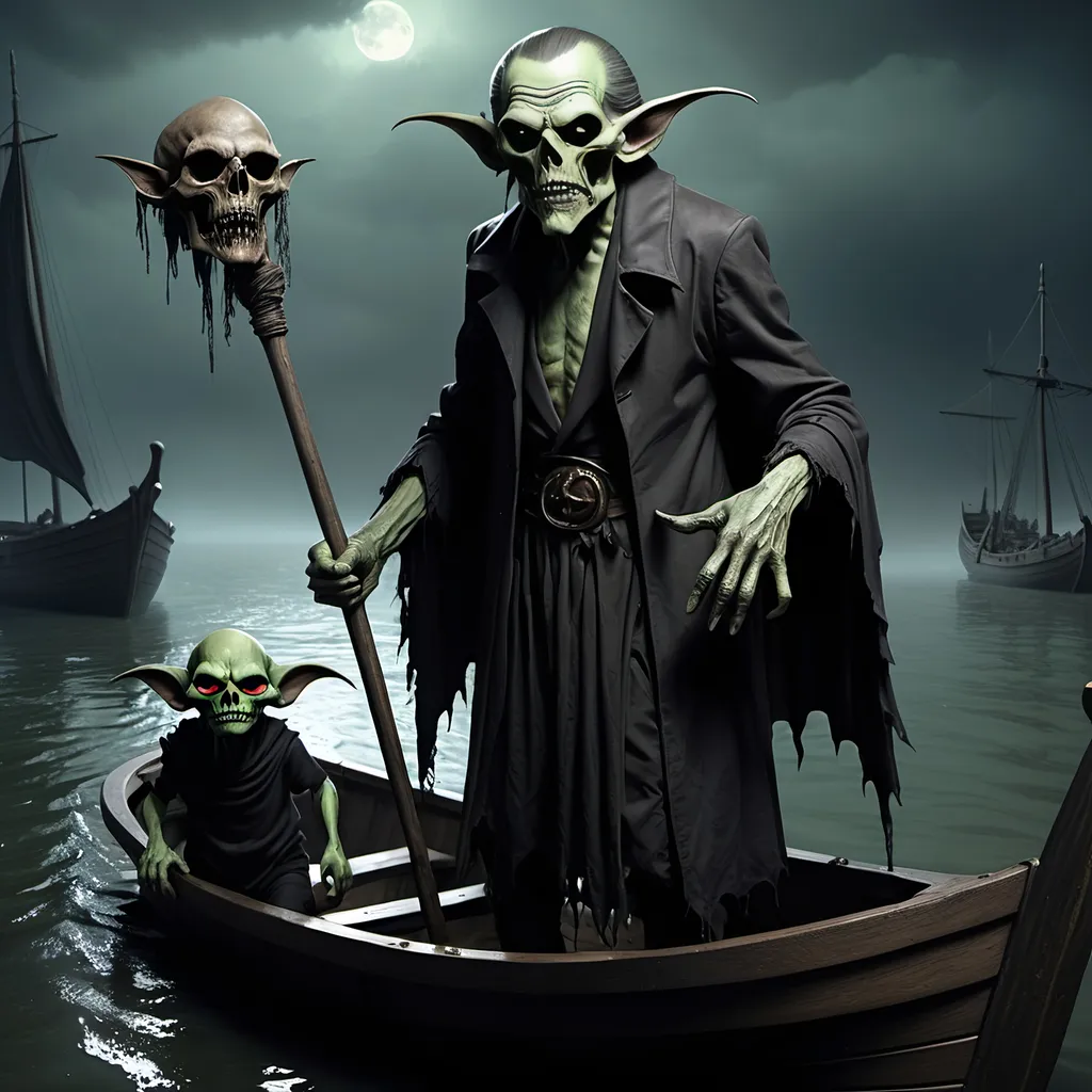 Prompt: (Dark, gothic, infernal, River Styx, Hades;) Charon the boat person of the river Styx; escorts a goblin dressed in ragged dirty clothing who resembles Richard Nixon, toeet with his master on the lower planes,