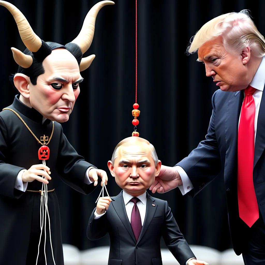 Prompt: Dark,  gothic, demonic; a 'horned Donald Trump puppet on strings' being controlled by a 'horned satan puppet on strings' being controlled by a 'horned pope puppet on strings', being controlled by a 'horned Vladimir Putin puppet on strings', being controlled by Xi of China, who holds ALL THE STRINGS.