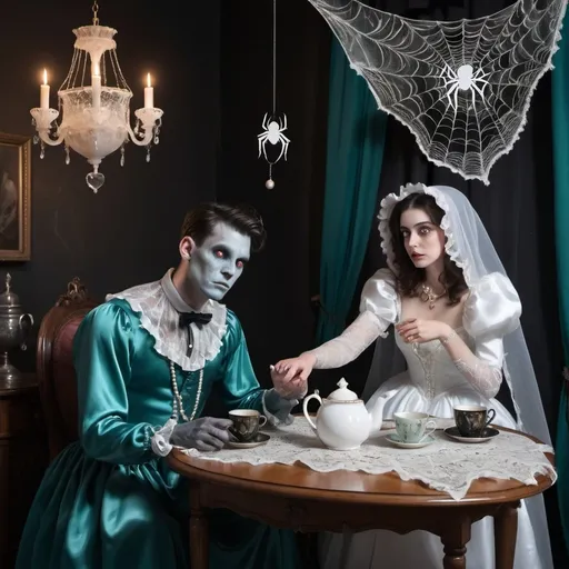 Prompt: A male ghost/demon sitting on the left side of a n antique table, holding his heart in his hand which shines brightly and illuminates the room, wearing a white baggy Elizabethan era blouse, and sitting next to him is a woman ghost/demon with obsidian horns coming out of her forehead and wearing an antique dress with a white frilled collar and pearl necklaces down the front of her ruffled teal satin dress.
There is a tea kettle shaped like a silver elephant between them resting on a lace doilies, flanked by two silver tea cups on saucers, also resting on doilies, beneath the table are cobwebs and spider webs, with various pairs of glowing eyes peering at the viewer from behind the spider webs. Behind the man and woman and in between them is a transparent ghost of a woman and above them dangling from the ceiling are two bare feet, with the right foot partially covered by a sock 