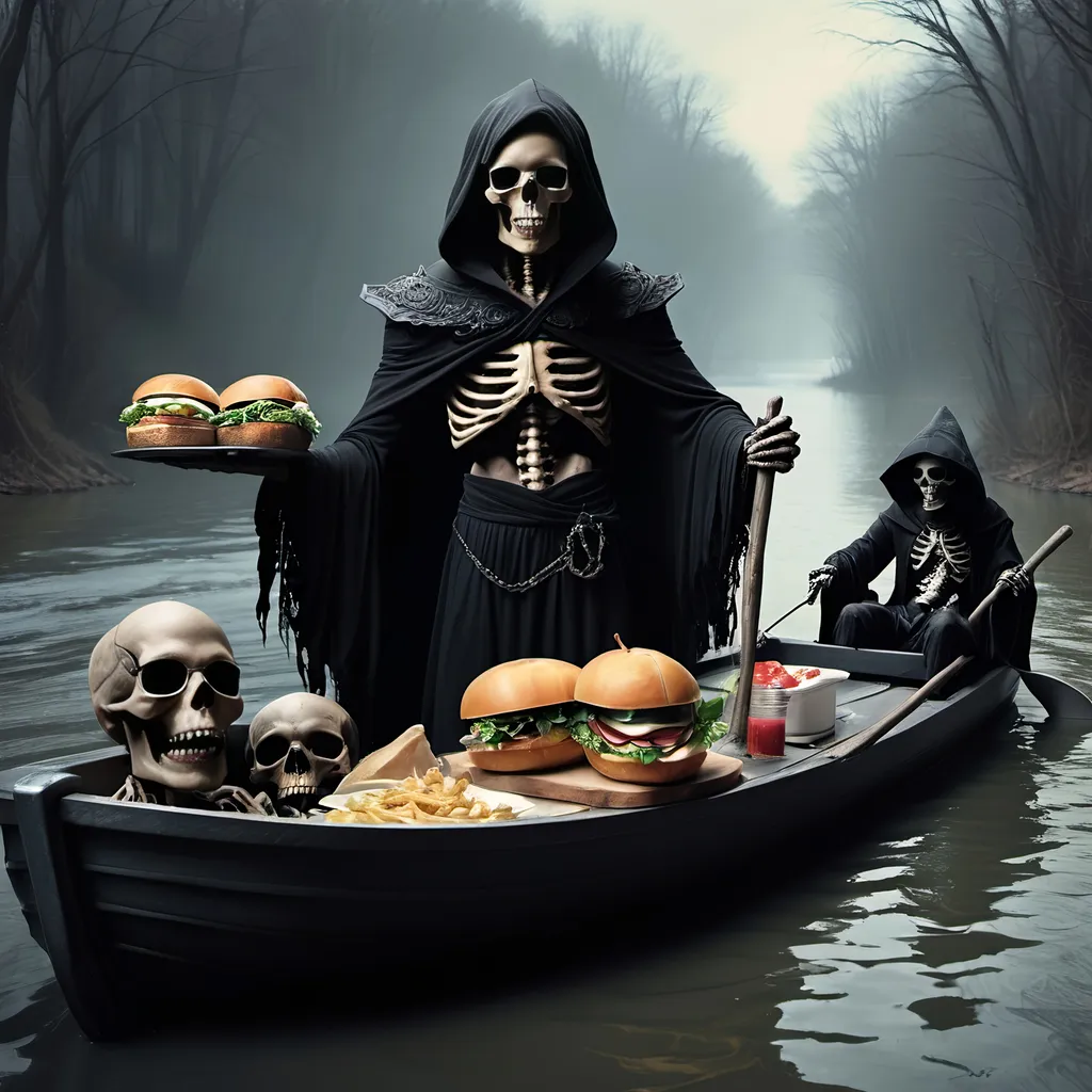 Prompt: (Dark, gothic, infernal, River Styx, Hades;) (Charon, skeletal boat master in a black robe with hood, of the river Styx); escorts a (goblin dressed in ragged dirty clothing who resembles Richard Nixon), to meet with his master on the lower planes, Charon is eating an awesome sandwich that his wife made for him for lunch, and offers a sandwich to the goblin in ratty ragged clothing who resembles Richard Nixon.
Scary, high resolution, ultra detailed, menacing, foreboding, ominous,