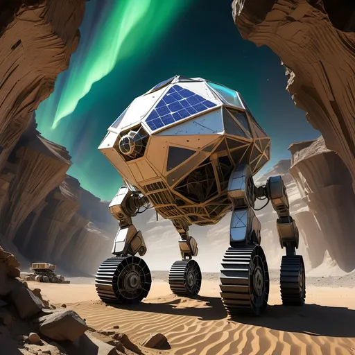 Prompt: Abandoned centuries old massive mining complex hidden in a steep and rugged walled canyon,
Collosal ancient alien statue carved from crystal and half buried in the sand,
Geodesic survival shelter with several antenna,
Vivid aurora, Meteor shower,
Humanoid robot in 8 wheeled solar powered ATV rover,
Astronaut in survival suit carrying backpack and bags, walking away from Crater,
Lightning, tornadoes, massive storm
Crater, crashed space frigate, burning debris, black smoke rising,
Yellow quartz desert, dark sky, swirling gray, green and blue clouds.
Distant mountains made entirely of amethyst crystal
High definition, maximum detail, ultra resolution, ultra realism.
Spooky ancient alien artifacts and exotic architecture 
Dark and scary, ominous, morbid, and foreboding