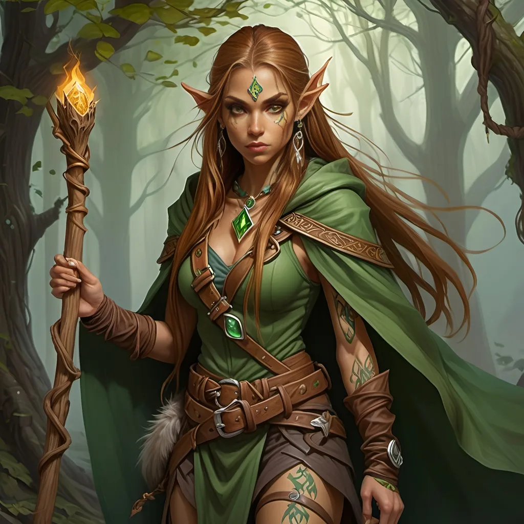 Prompt: Woman, female half elf, sorceress, ruddy medium complexion, light brown long straight hair, bound with multiple clasps in a really long pony tail; jewelry, earrings, tattoos of sacred runes, golden brown eyes, holding gnarled staff of bleached wood with a gem set into the top, leaf green cloak and hood, brown belt and pouches, brown boots, dagger and wand secured to belt, tan leather corset, highest resolution, gothic, fantasy, ultra detail, ultra realism, giving a lecture in a dark medieval Taverne.