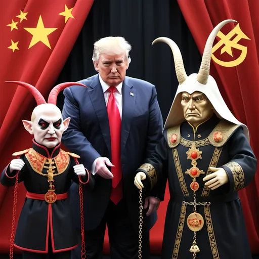 Prompt: Dark,  gothic, demonic, satanic, luciferian; a 'horned Donald Trump puppet on strings' being controlled by a 'horned satan puppet on strings' being controlled by a 'horned pope puppet on strings', being controlled by a 'horned Vladimir Putin puppet on strings', being controlled by Xi of China, who holds ALL THE STRINGS.