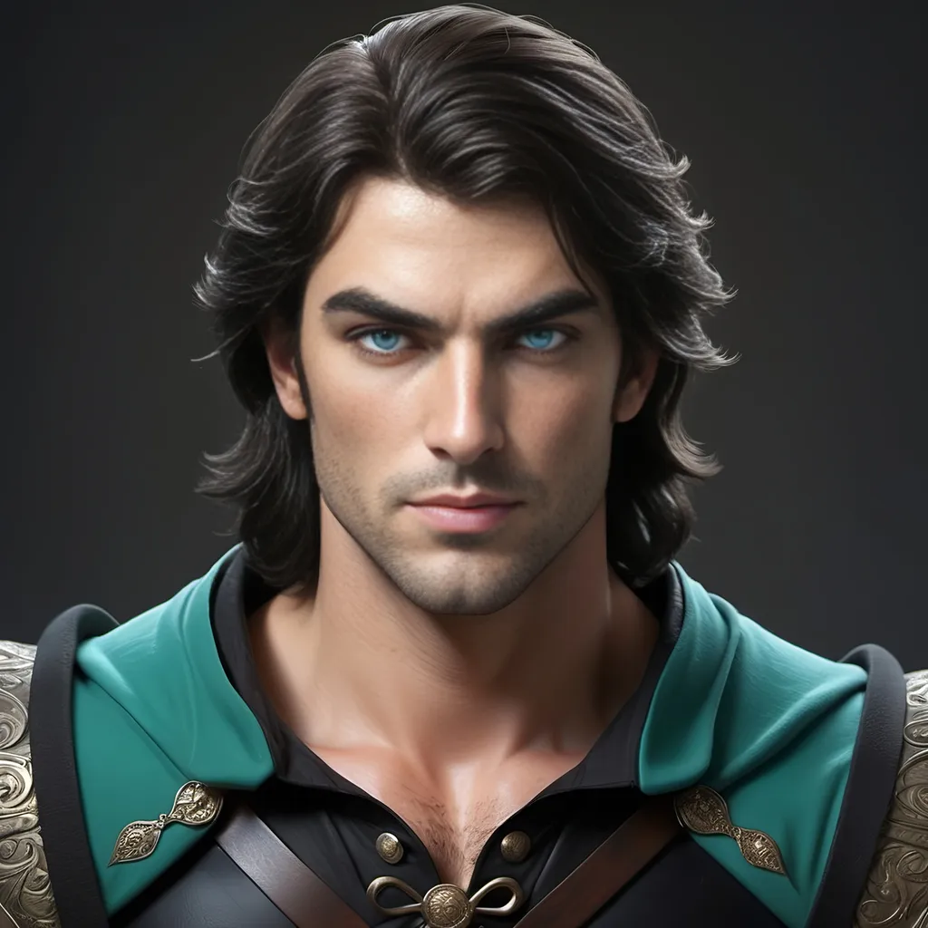 Prompt: [ Derek the Brown or Derek from Towne]
Chevalier, dark hair, pale complected, blue eyes; dressed in green, teal, and black; slight but well muscled, tall, bow & quiver on his back, piercing, attentive eyes, ultra detailed, ultra realism, darkly heroic.
(Resembles Neil Diamond)