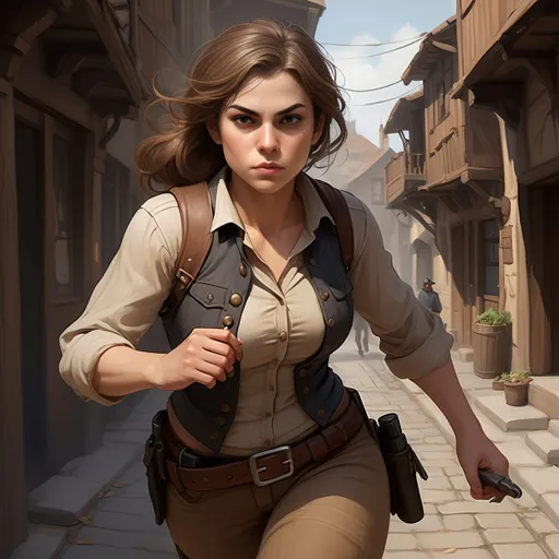 Prompt: [Jena the waif, or rogue]
Running from fat town constable,
Female HUMAN, thief, pickpocket, rogue, wee petite, delicate features, ruddy tan complexion, high brow, prominent widows peak, sandy brown shoulder length hair, hazel eyes, prominent but effeminate chin, drab ragged layers of clothing, very inconspicuous, disarming presence, hidden daggers in clothing, minimal jewelry, arm bangles, ornamental stone necklace charm, young, tomboyish, rugged, cute, ornery, fey demeanor, lucky and confident, dark, gothic, fantasy, ultra detail, ultra realism