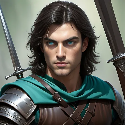 Prompt: [ Derek the Brown or Derek from Towne]
Chevalier, dark hair, pale complected, blue eyes; dressed in green, teal, and black; slight but well muscled, tall, longsword and bow & quiver on his back, piercing, attentive eyes, ultra detailed, ultra realism, darkly heroic.
(Resembles Neil Diamond)