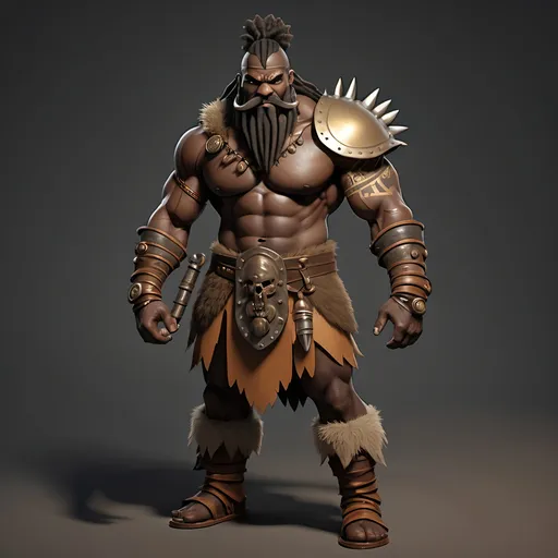 Prompt: [ Grugor the Barbarian ]
Male Barbarian, dark complected African, large moustache, long beard, slight build but well muscled and wiry, agile, horned steel helmet with noseguard, dreadlocks with gold clasps, covered with tribal tattoos, gold earrings, stretched lobes, tall, black leather greaves and spiked gauntlets, brown leather boots with fur fringe at top, gothic, fantasy, longsword and daggers, ultra realism, ultra detail, high definition, friendly but determined expression, intimidating but not menacing, tall and skinny, in Tudor style taverne background,