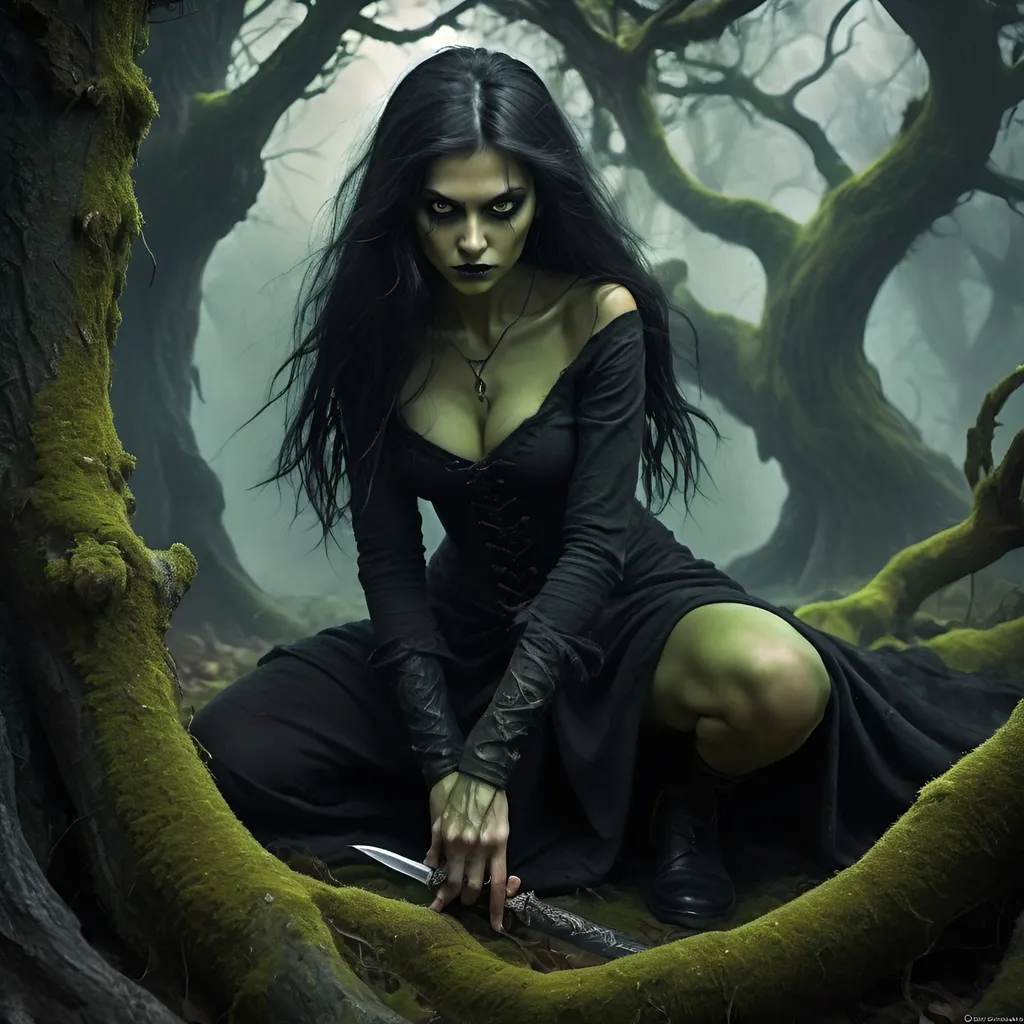 Prompt: (fantasy scene) tall black-haired heroic gothic female figure in dark, flowing attire, fierce expression, menacing yet captivating, short cowardly goblin on knees, fear in his eyes, sword poised at throat, huge twisted, gnarly trees with vivid lichen wrapping around them, shadowy and atmospheric ambiance, deep greens and blacks, enchanted yet grim setting, (ultra-detailed) (HD)